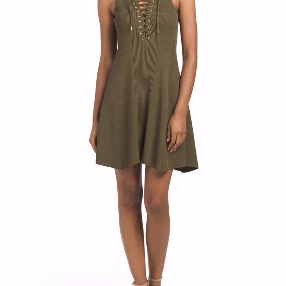 TORN BY RONNY KOBO LACE UP KNIT STRETCHY DRESS MILITARY GREEN